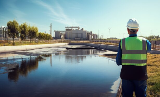 Technician ensuring pollution control in wastewater treatment plant Worker in waste water treatment pond industry copy space image